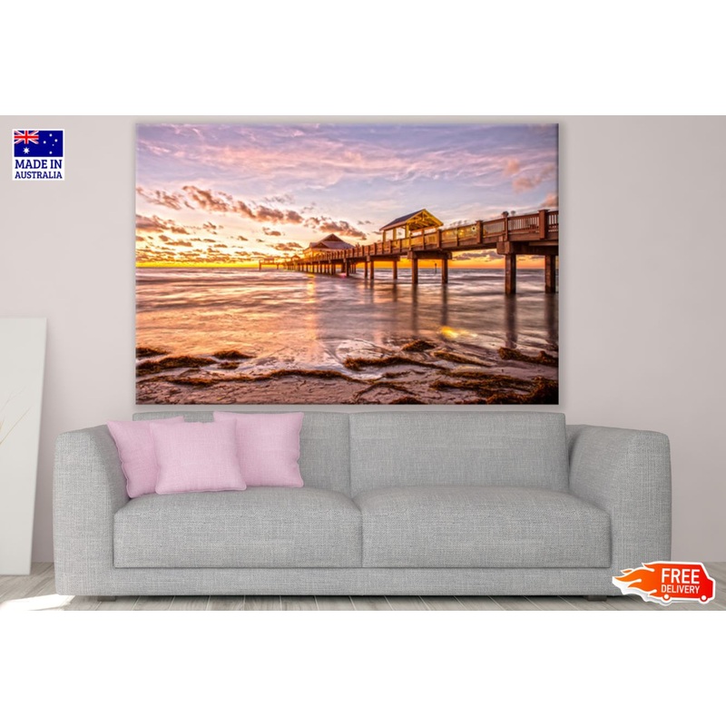Wooden Bridge Over Sea Sunset Print 100% Australian Made