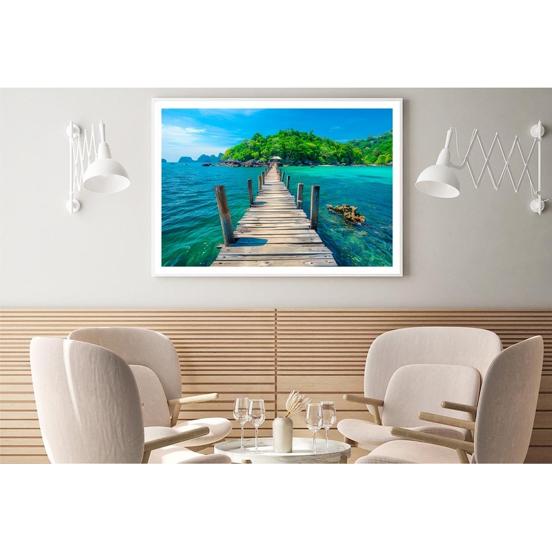 Wooden Pier Leads to An Island with Clear Blue Water and Lush Greenery Home Decor Premium Quality Poster Print Choose Your Sizes