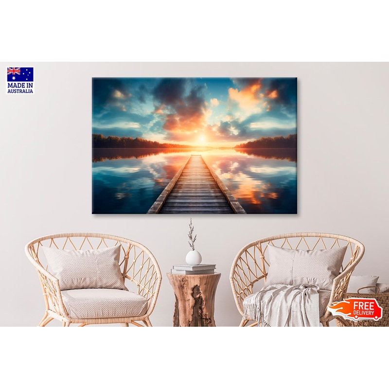 Wooden Pier Over a Calm Lake During Sunrise Wall Art Decor 100% Australian Made