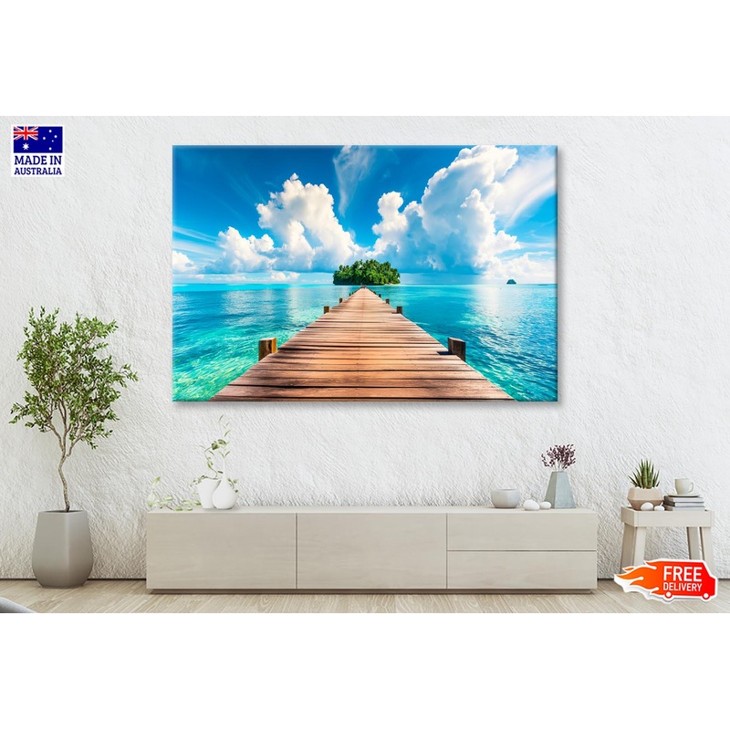 Wooden Pier to An Island in Ocean Wall Art Decor 100% Australian Made