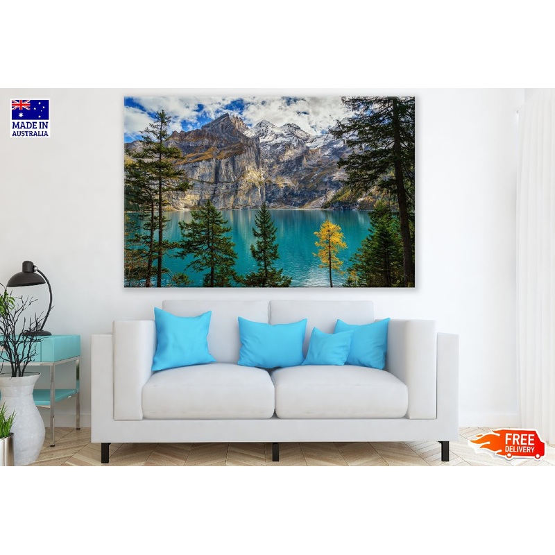 Autumn Trees & Lake Near Snow Mountains Photograph Print 100% Australian Made