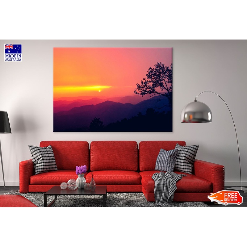 Tree on Mountains Sunset Scenery Photograph Print 100% Australian Made