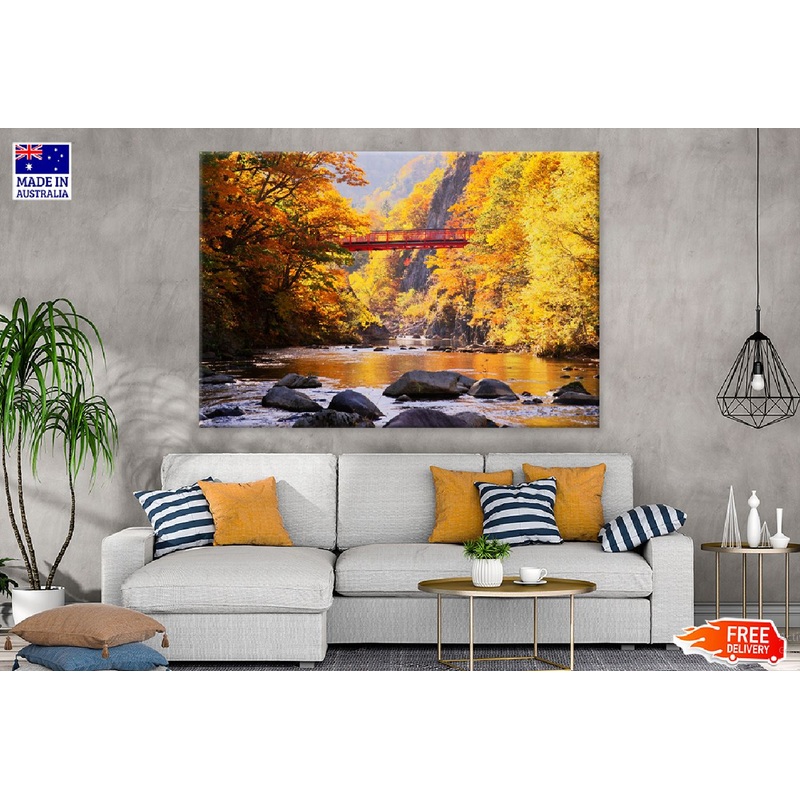 Autumn Forest Lake with Bridge View Photograph Print 100% Australian Made