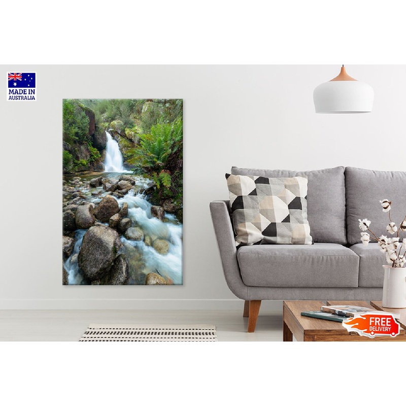 Waterfall Flowing Near Lots Rocks Photograph Print 100% Australian Made