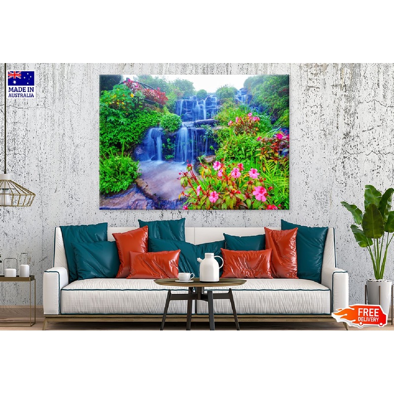 Waterfall in Flower Garden View Photograph Print 100% Australian Made