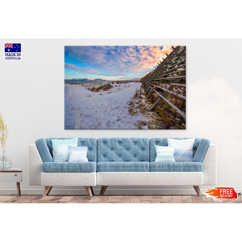 Wooden Fence on Snow Field View Photograph Print 100% Australian Made