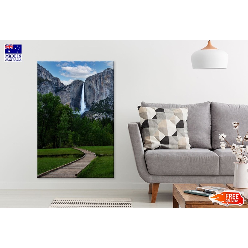 Wooden Path & Waterfall Blue Sky View Photograph Print 100% Australian Made
