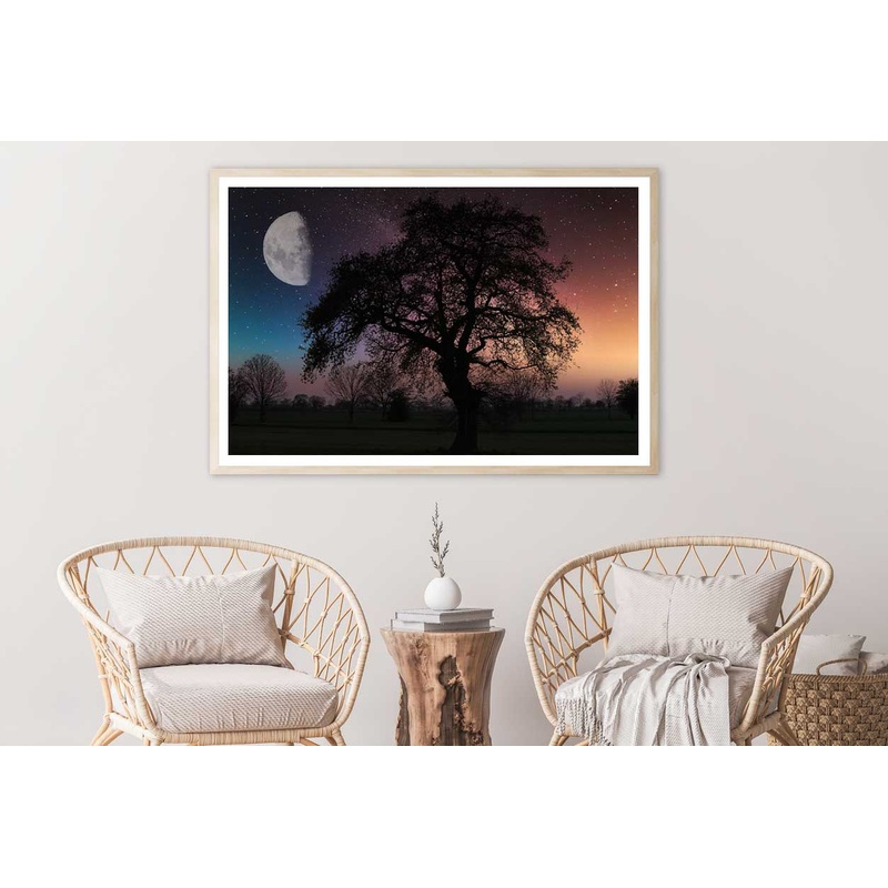 Alone Tree with Moon Sky Scenery View Photograph Home Decor Premium Quality Poster Print Choose Your Sizes
