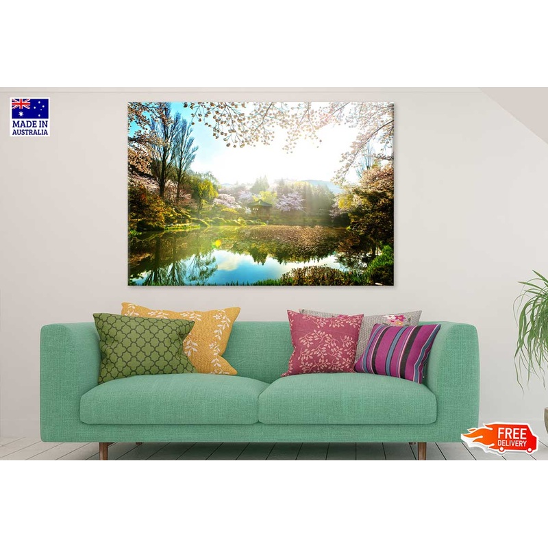 Sun Rising & Garden Lake Scenery View Print 100% Australian Made