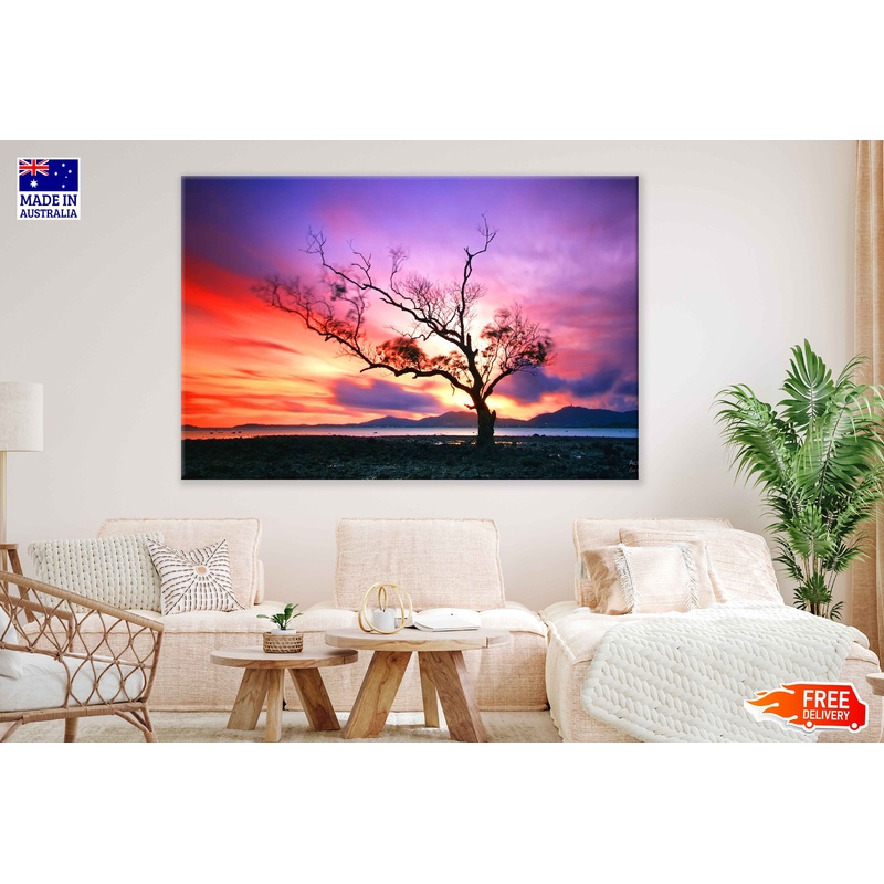 Tree & Lake Red Sunset Scenery View Print 100% Australian Made