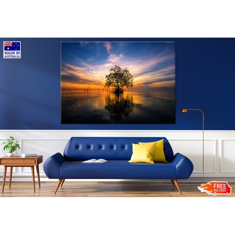 Tree On Lake & Sunset View Print 100% Australian Made