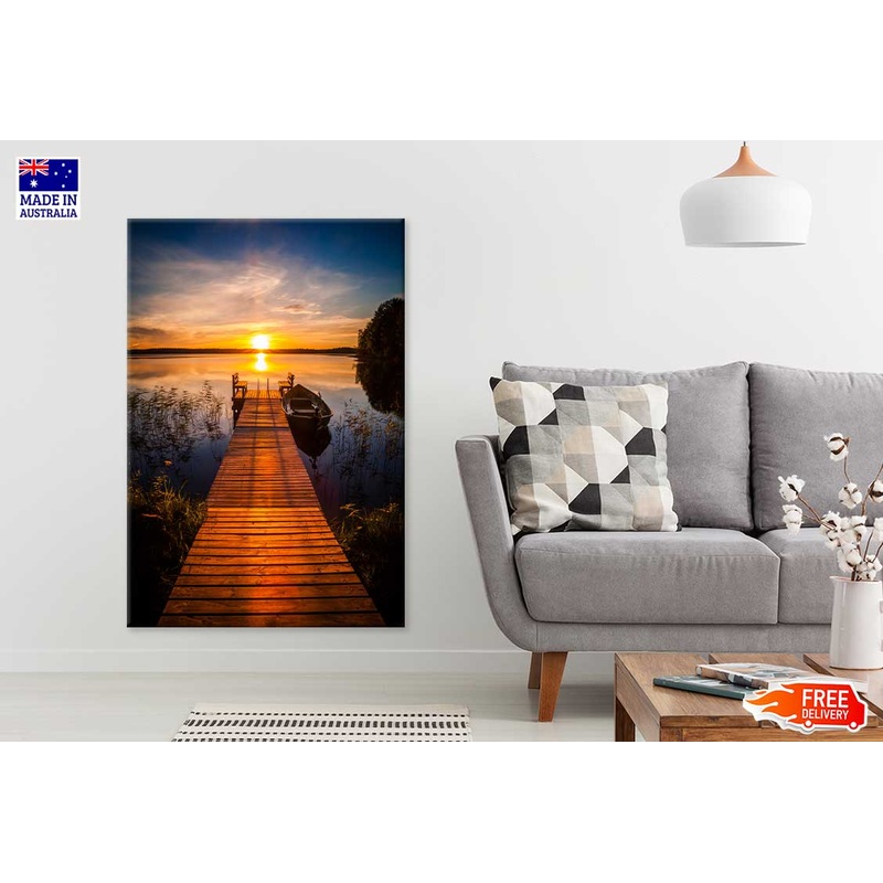 Sunset Over Fishing Pier at Lake Scenery Photograph Print 100% Australian Made