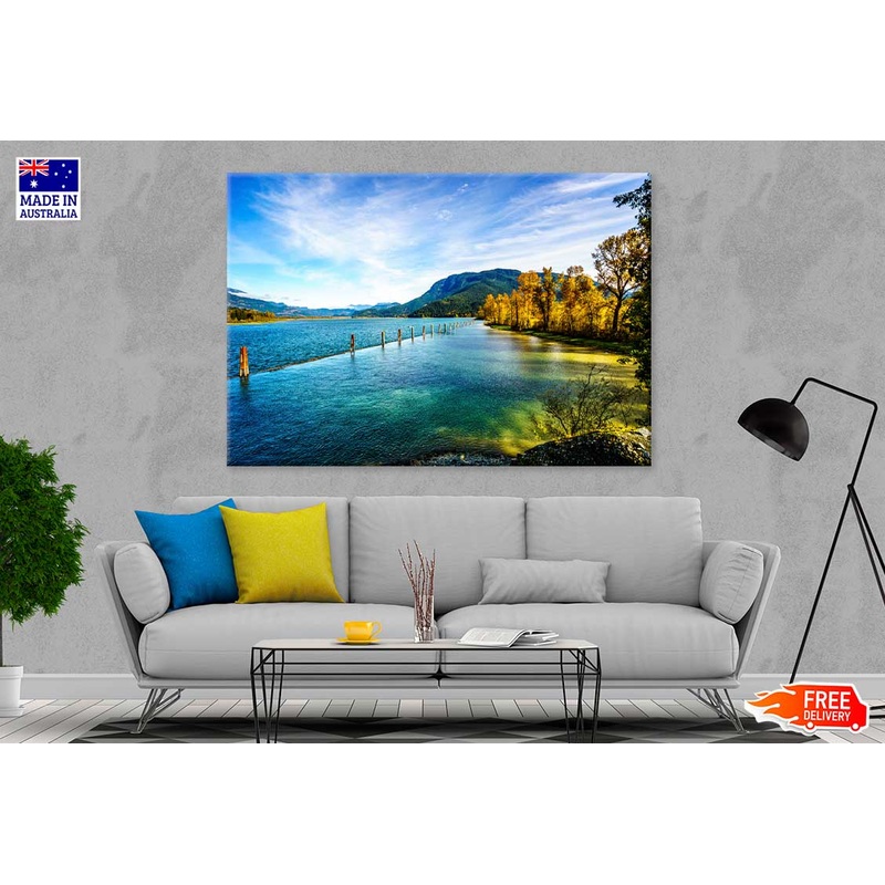 Autumn Trees near Lake & Blue Sky View Photograph Print 100% Australian Made
