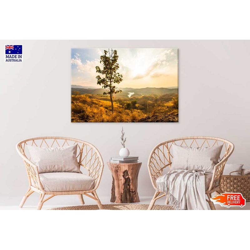 Tree on Mountain Hill Sunset Scenery Photograph Print 100% Australian Made