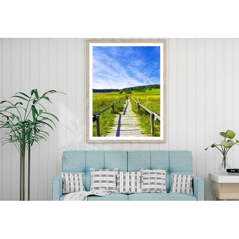 Wooden Path in Grass Field View Photograph Home Decor Premium Quality Poster Print Choose Your Sizes