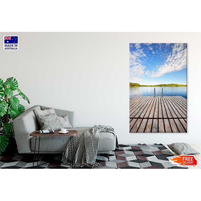 Wooden Pier near Lake & Blue Sky Scenery Print 100% Australian Made