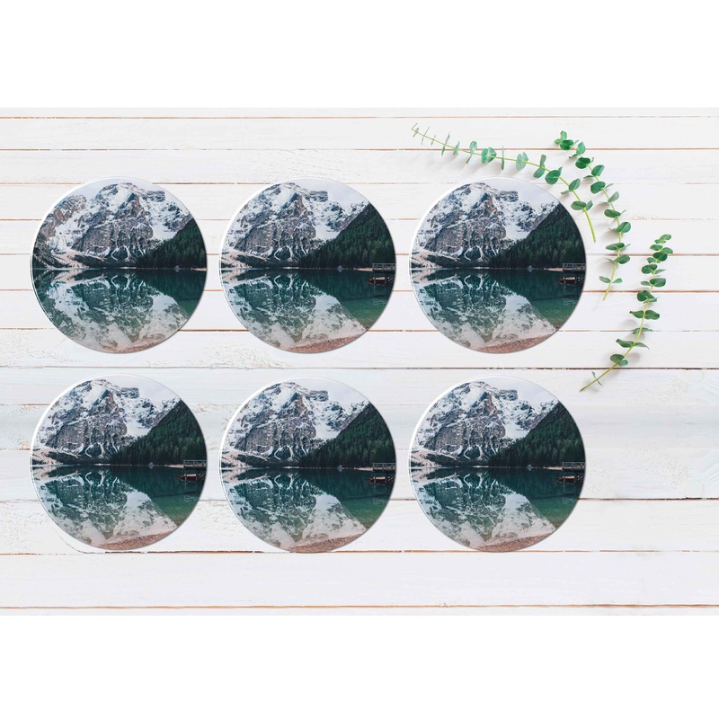 Alpine Lake View Coasters Wood & Rubber - Set of 6 Coasters