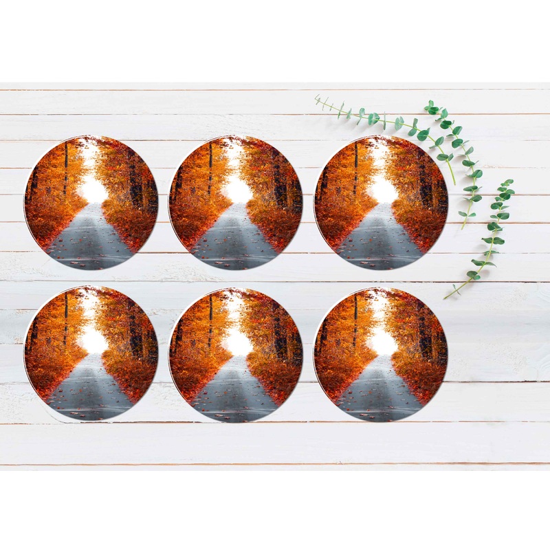 Asphalt Road With Fallen Leaves Coasters Wood & Rubber - Set of 6 Coasters