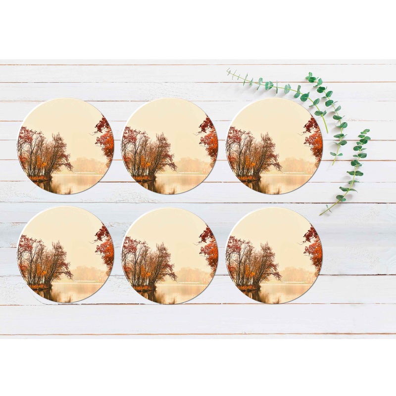 Autumn Lake in The Park Evening View Coasters Wood & Rubber - Set of 6 Coasters