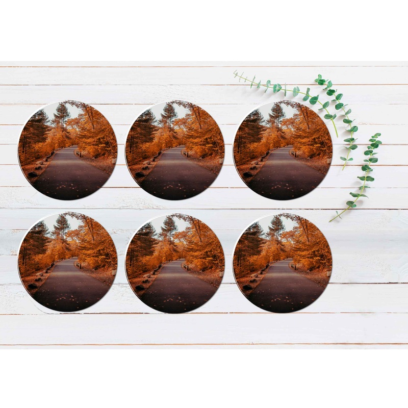 Autumnal Forest & Road Coasters Wood & Rubber - Set of 6 Coasters