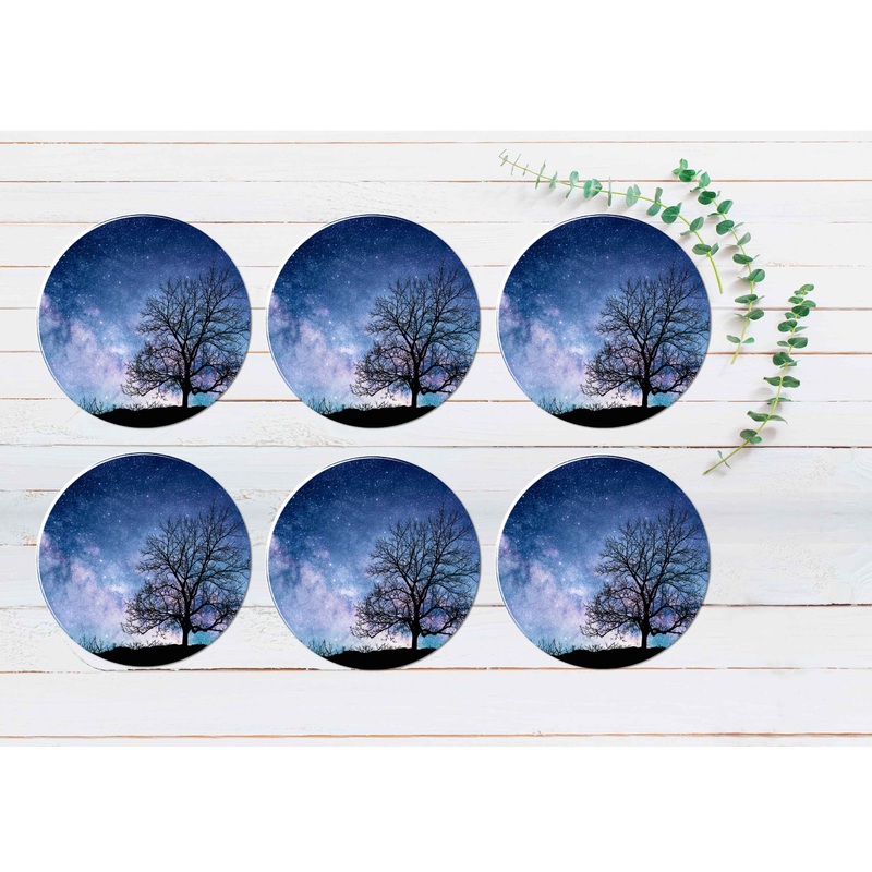 Bare Tree Standing Silhouetted Coasters Wood & Rubber - Set of 6 Coasters