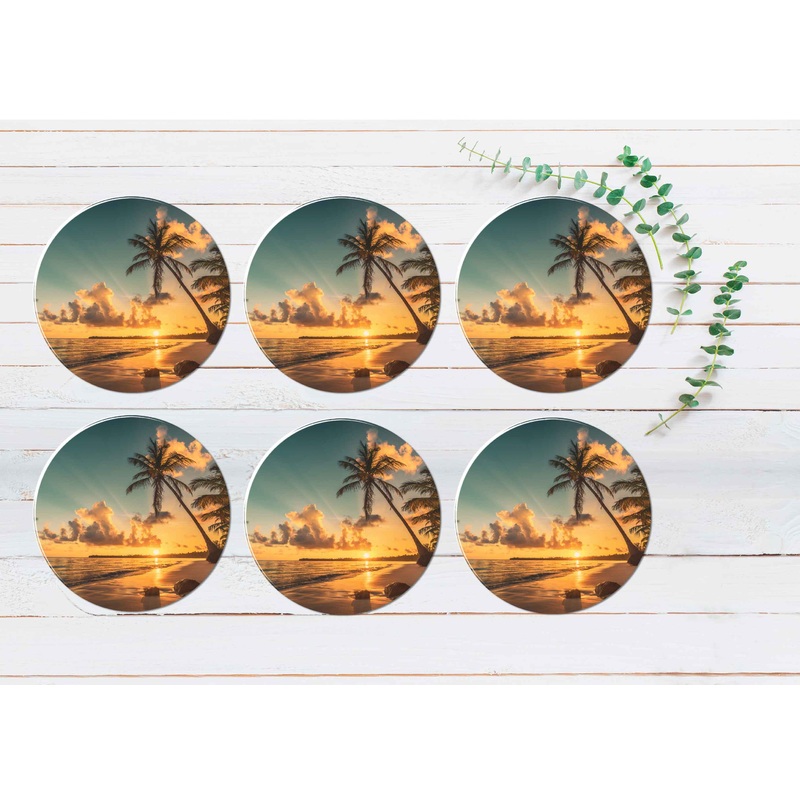 Sunrise Over Exotic Island in The Ocean Coasters Wood & Rubber - Set of 6 Coasters