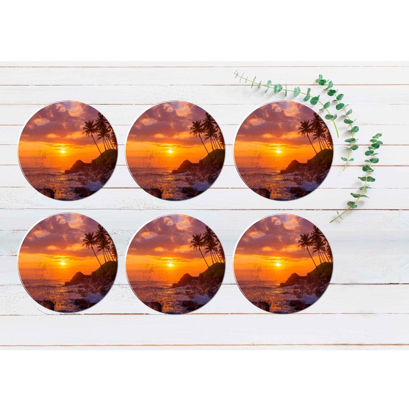 Sunset Beach With Palm Trees & Rocks Coasters Wood & Rubber - Set of 6 Coasters
