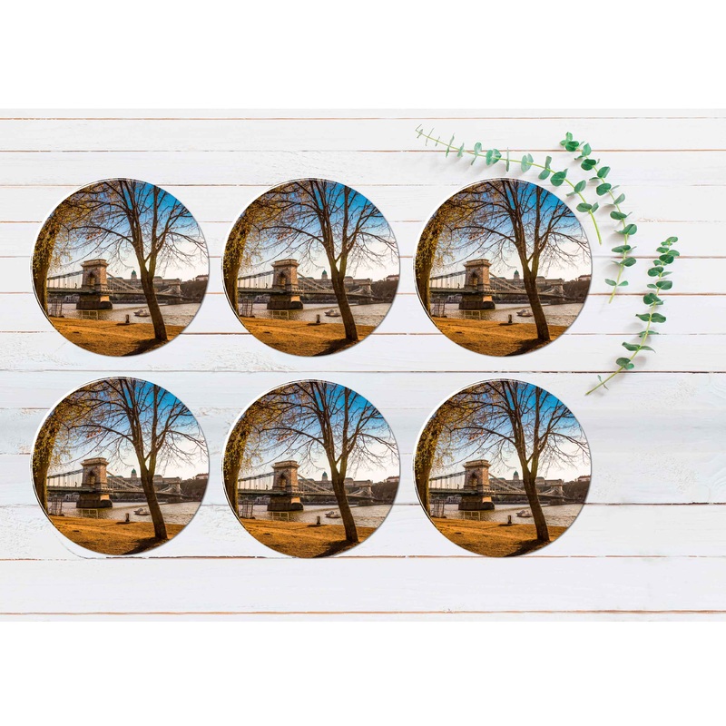 Sunset View With Chain Bridge in Hungary Coasters Wood & Rubber - Set of 6 Coasters