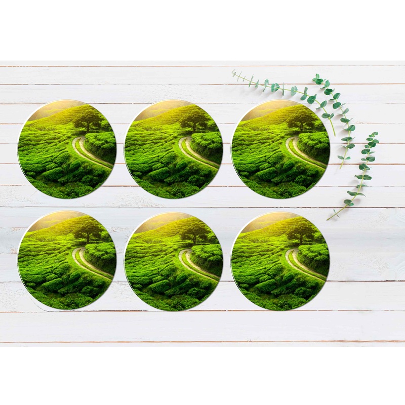 Tea Plantation With Sunset Coasters Wood & Rubber - Set of 6 Coasters