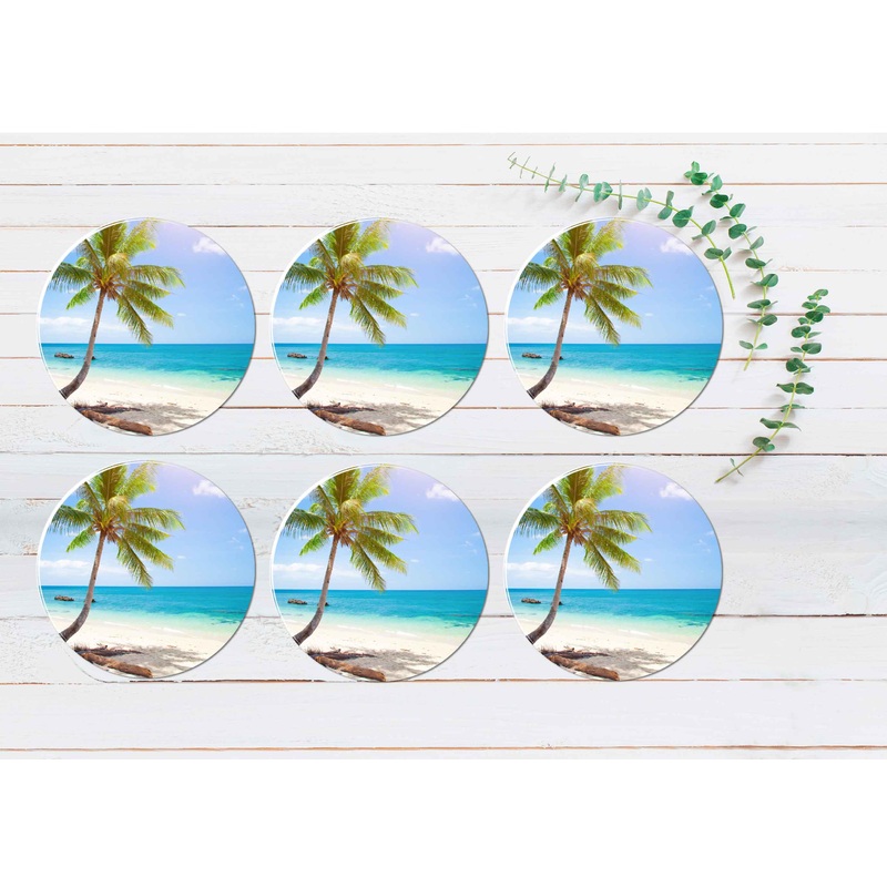 Tropical Beach With Coconut Palm Coasters Wood & Rubber - Set of 6 Coasters