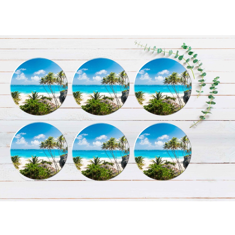 Tropical Paradise With Palms Barbados Coasters Wood & Rubber - Set of 6 Coasters