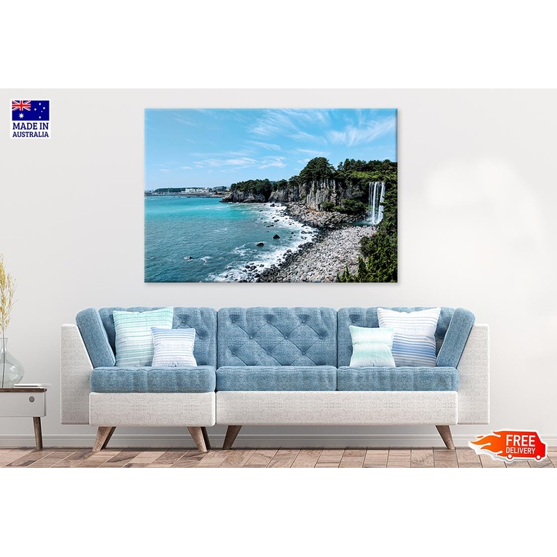 Waterfall At Jeju Beach Blue Sky Print 100% Australian Made