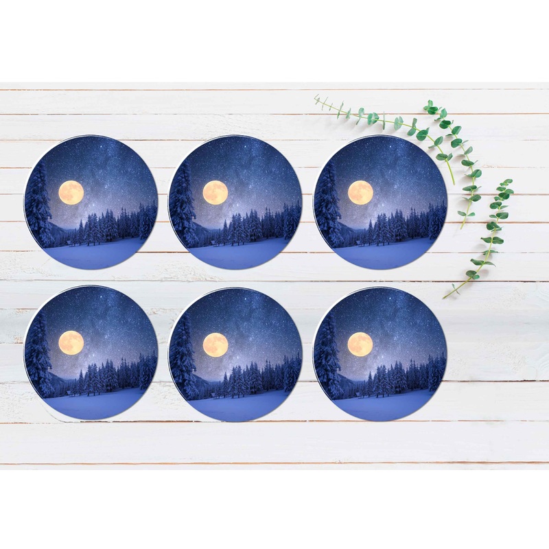Winter Night With Full Moon & Starry Sky Coasters Wood & Rubber - Set of 6 Coasters