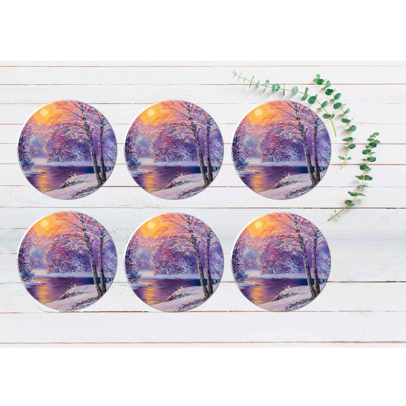 Winter River With Sunset Coasters Wood & Rubber - Set of 6 Coasters