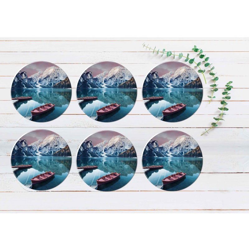 Wooden Boat at The Alpine Mountain Lake Coasters Wood & Rubber - Set of 6 Coasters