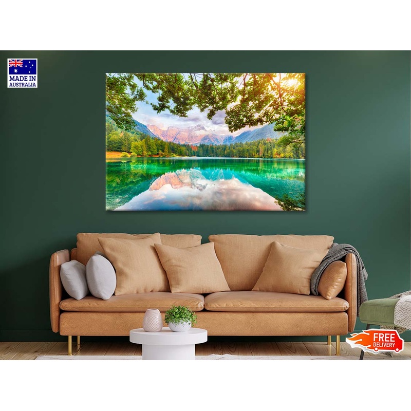 View of Sunset Over Fusine Lake with Mountains Print 100% Australian Made