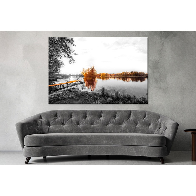 Yellow Pier in lake sunset black and white Stunning Design Print 100% Australian Made