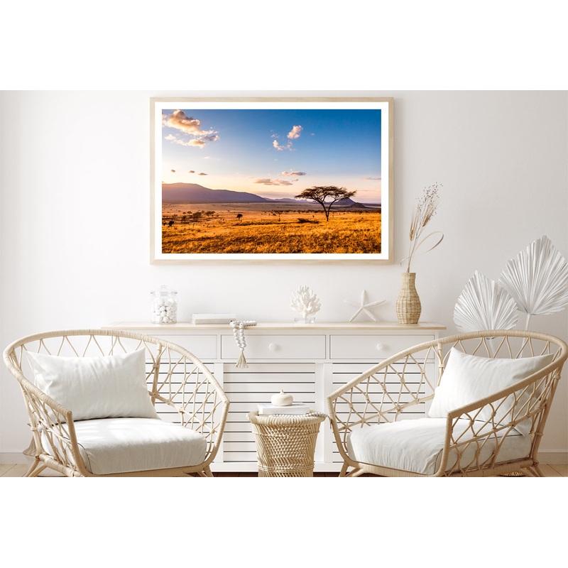 View of Sunset at Savannah Plains with Mountains Home Decor Premium Quality Poster Print Choose Your Sizes