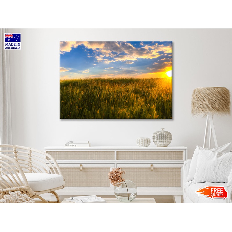A Field Of Grass with the Sun Setting Print 100% Australian Made