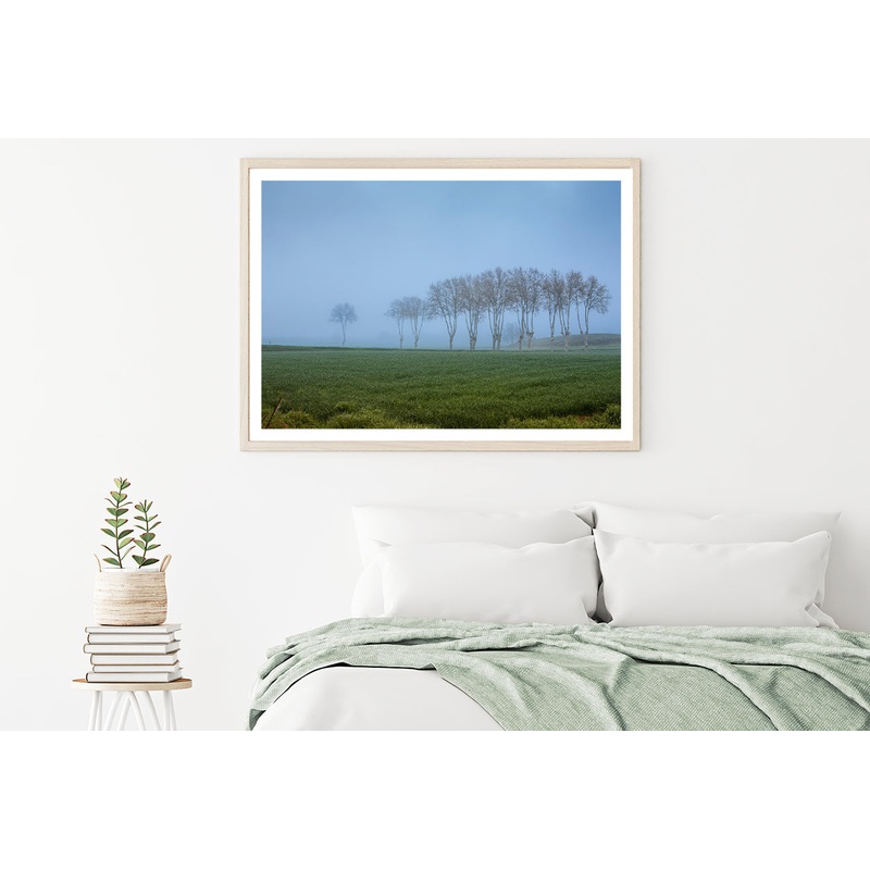 A Grassy Field with Trees, Clear Sky and Some Mist Home Decor Premium Quality Poster Print Choose Your Sizes