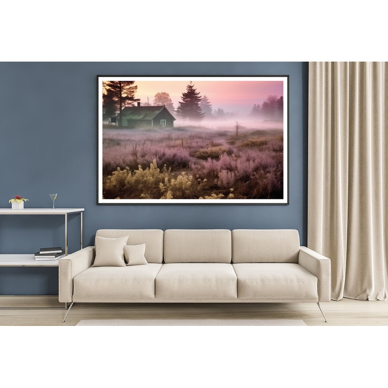 A House in a Field during Sunrise with Trees, Grass Home Decor Premium Quality Poster Print Choose Your Sizes