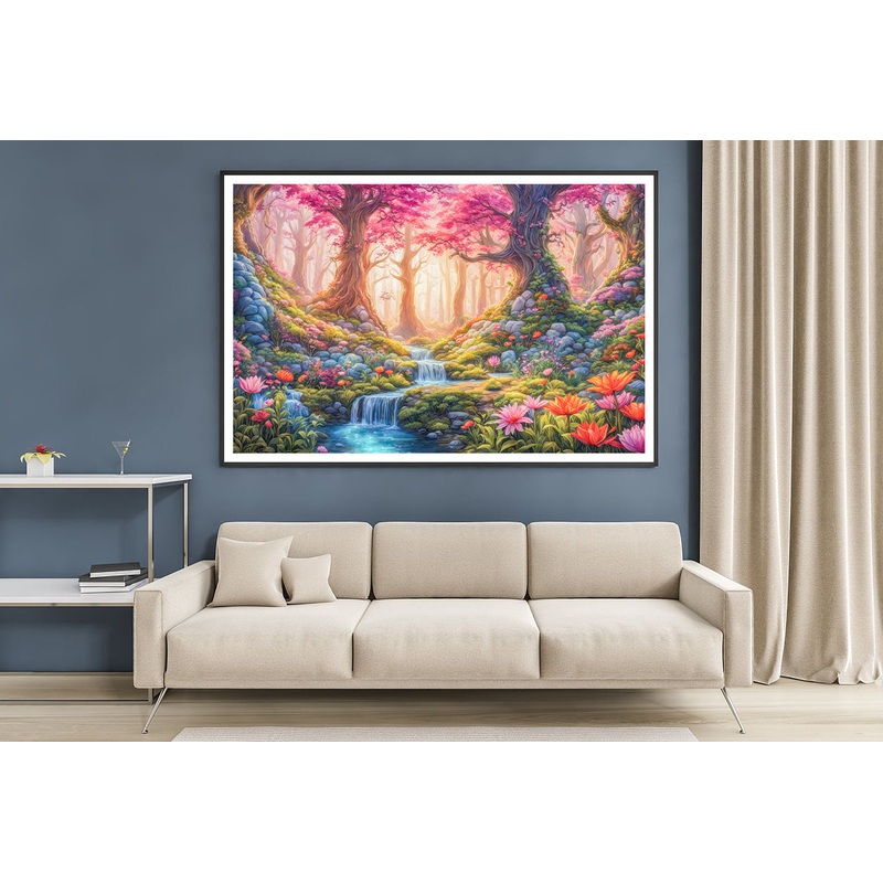 A Painting of a Garden with a Waterfall & Flowers Home Decor Premium Quality Poster Print Choose Your Sizes