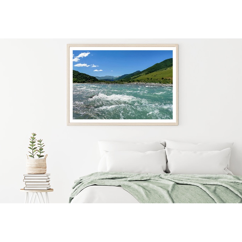 A River Flowing Through Green Hills with Mountains Home Decor Premium Quality Poster Print Choose Your Sizes