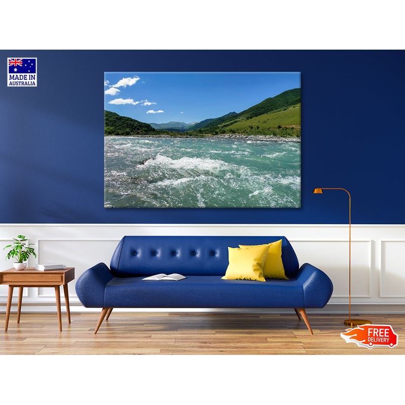 A River Flowing Through Green Hills with Mountains Print 100% Australian Made