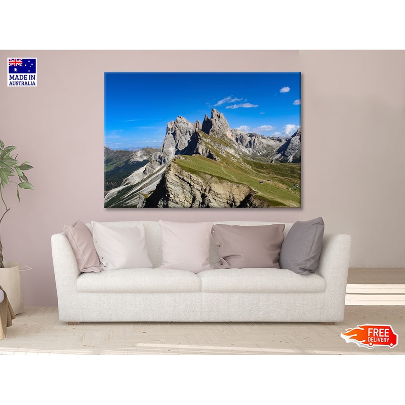 A Rocky Mountain with A Road in Grassy Areas Print 100% Australian Made