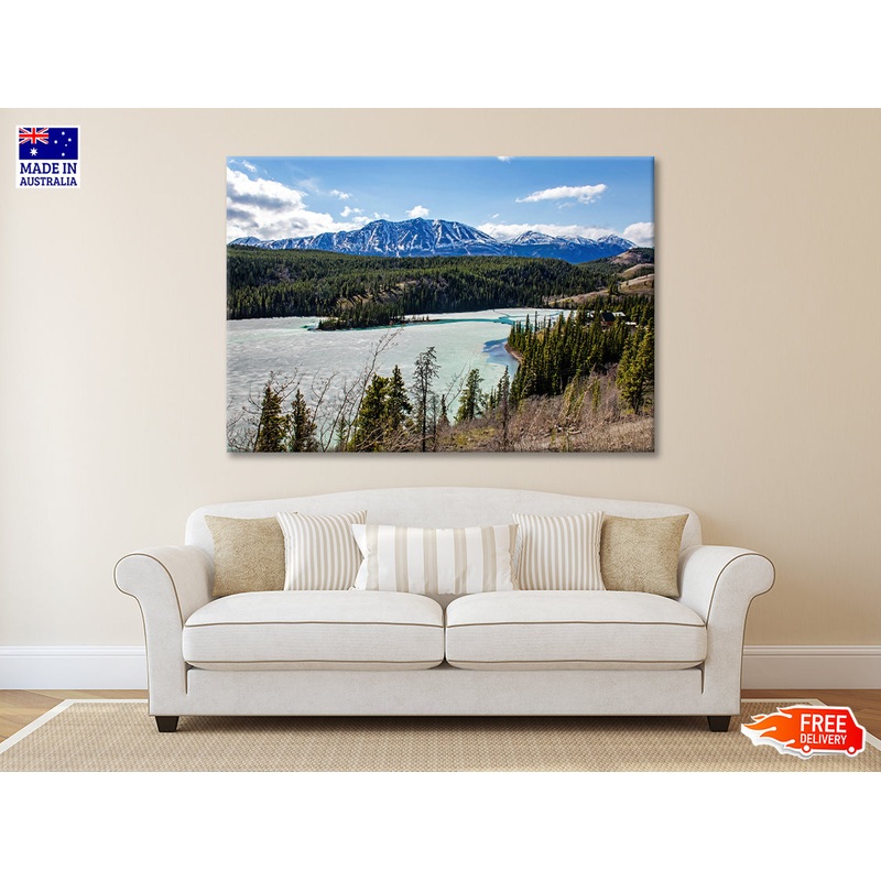 A Serene River with Trees Towering Mountains Print 100% Australian Made