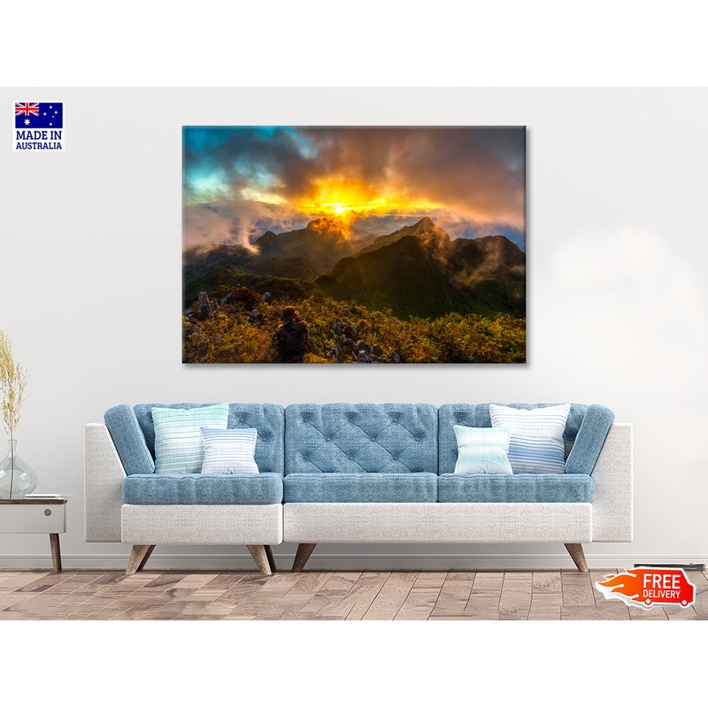 View of a Bright Sun with Mountains and a Cloudy Sky Print 100% Australian Made