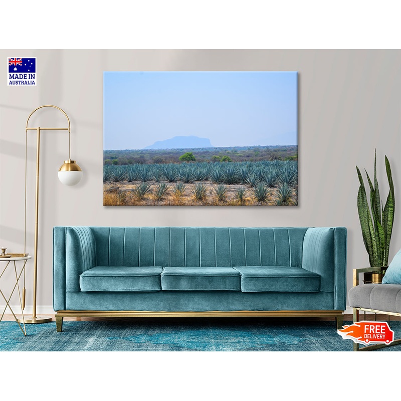 View of a Field Of Green Plants with a Mountain Print 100% Australian Made