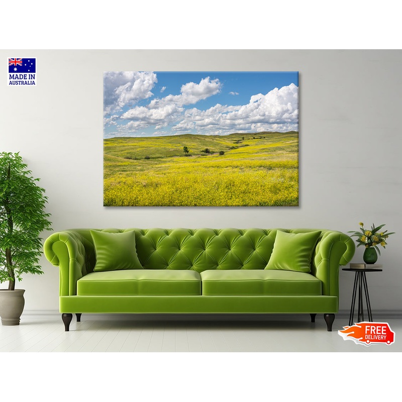 View of a Field Of Yellow Flowers under a Cloudy Sky Print 100% Australian Made