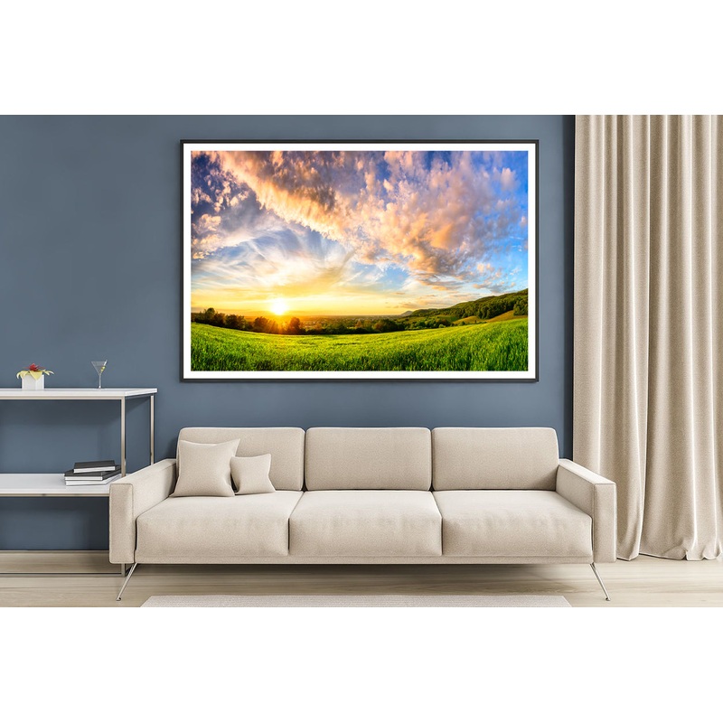 View of Colorful Sunset on a Green Meadow Home Decor Premium Quality Poster Print Choose Your Sizes